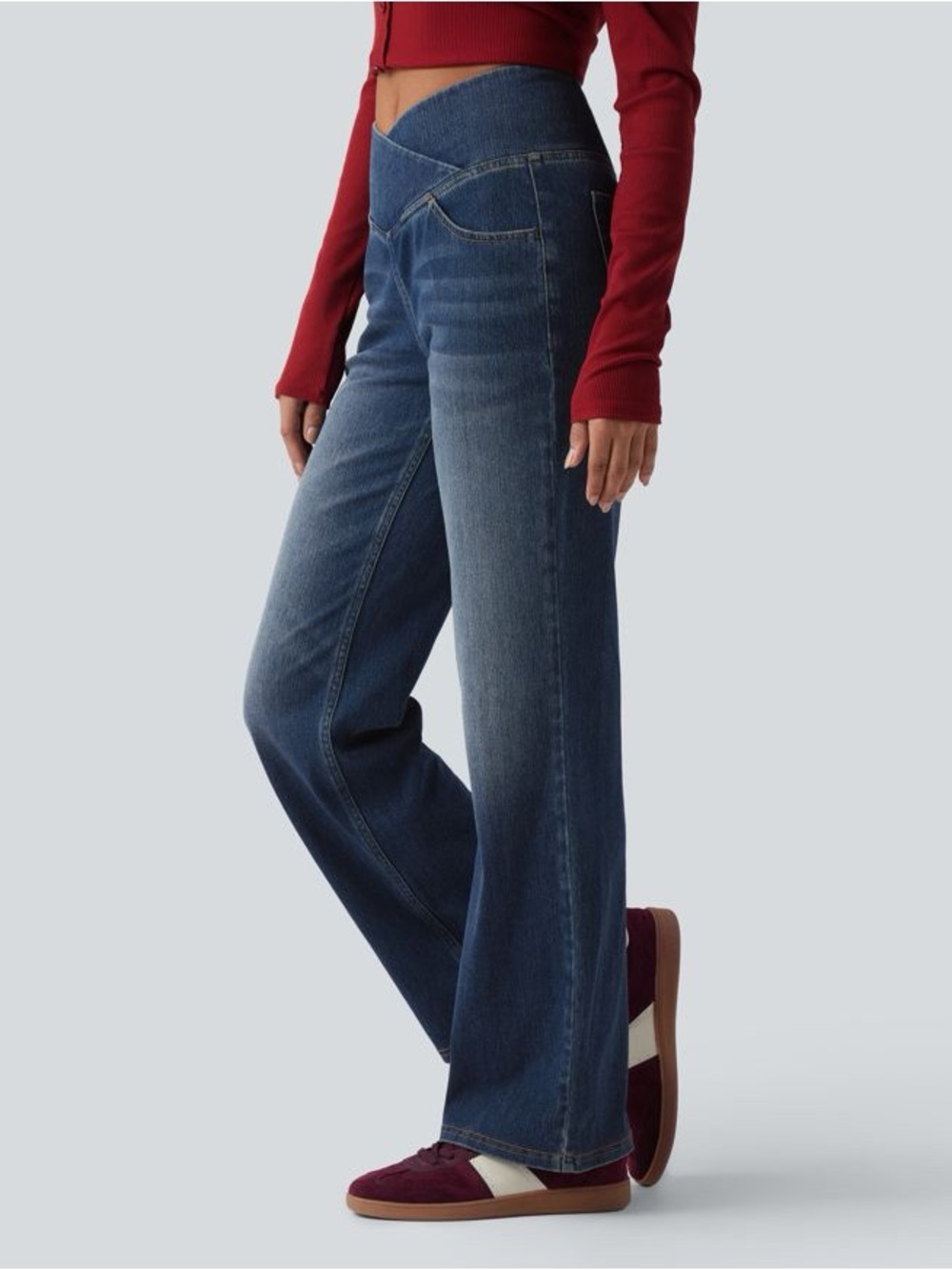 High-Waist V-Crossover Wide Leg Jeans - Dark Blue - Picture 4 of 16